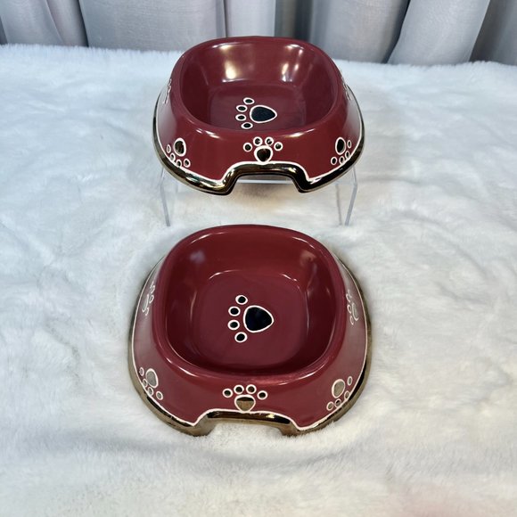 Gold Decorated Burgundy Ceramic Pet Bowl Set - Picture 3 of 9